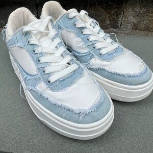 Zara Retro Blue and White Distressed Denim Sneakers size 8.